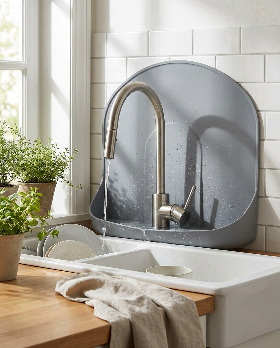 Silicone sink splash guard mounted behind kitchen faucet