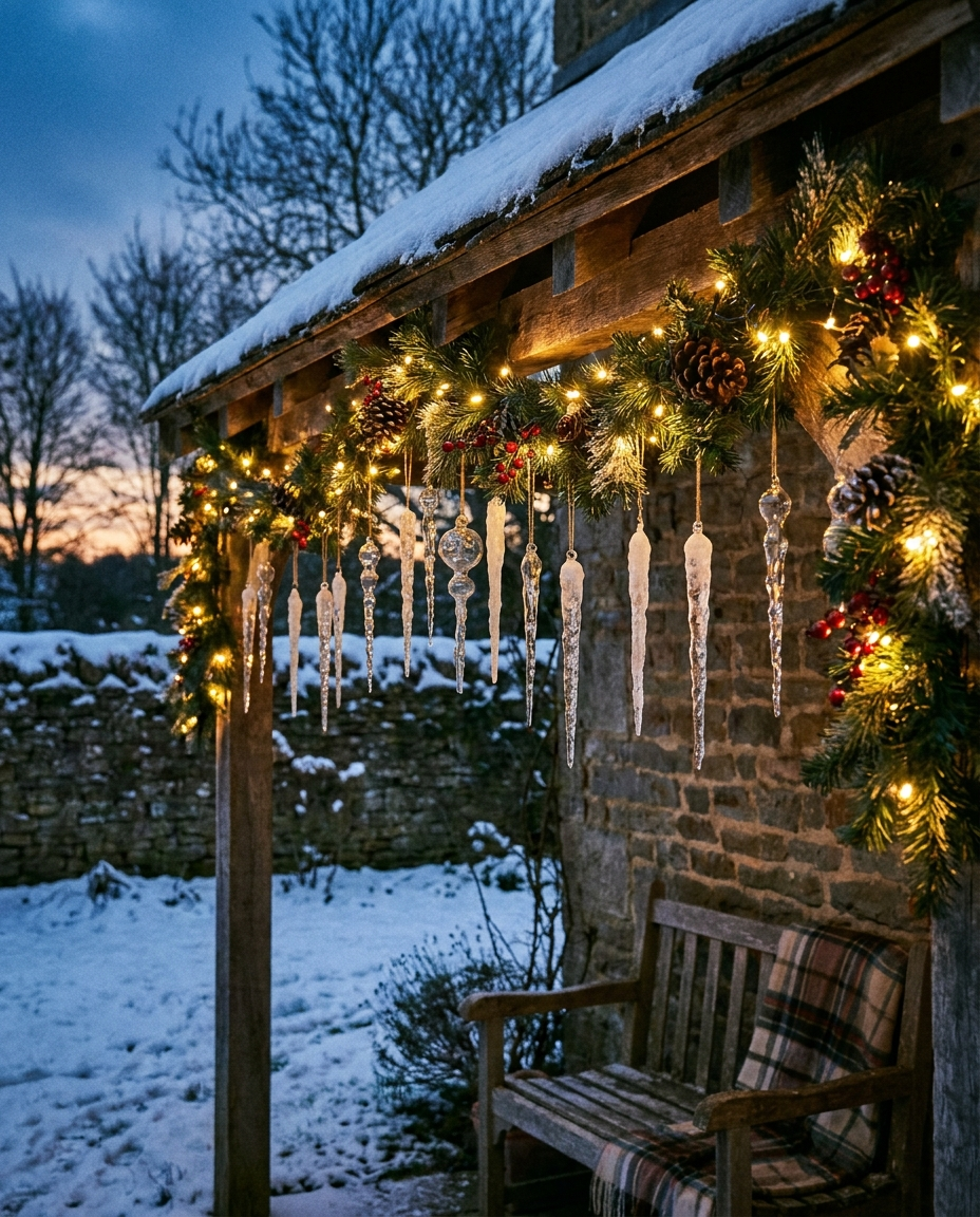 Icicle ornament set hanging from a porch eave at dusk