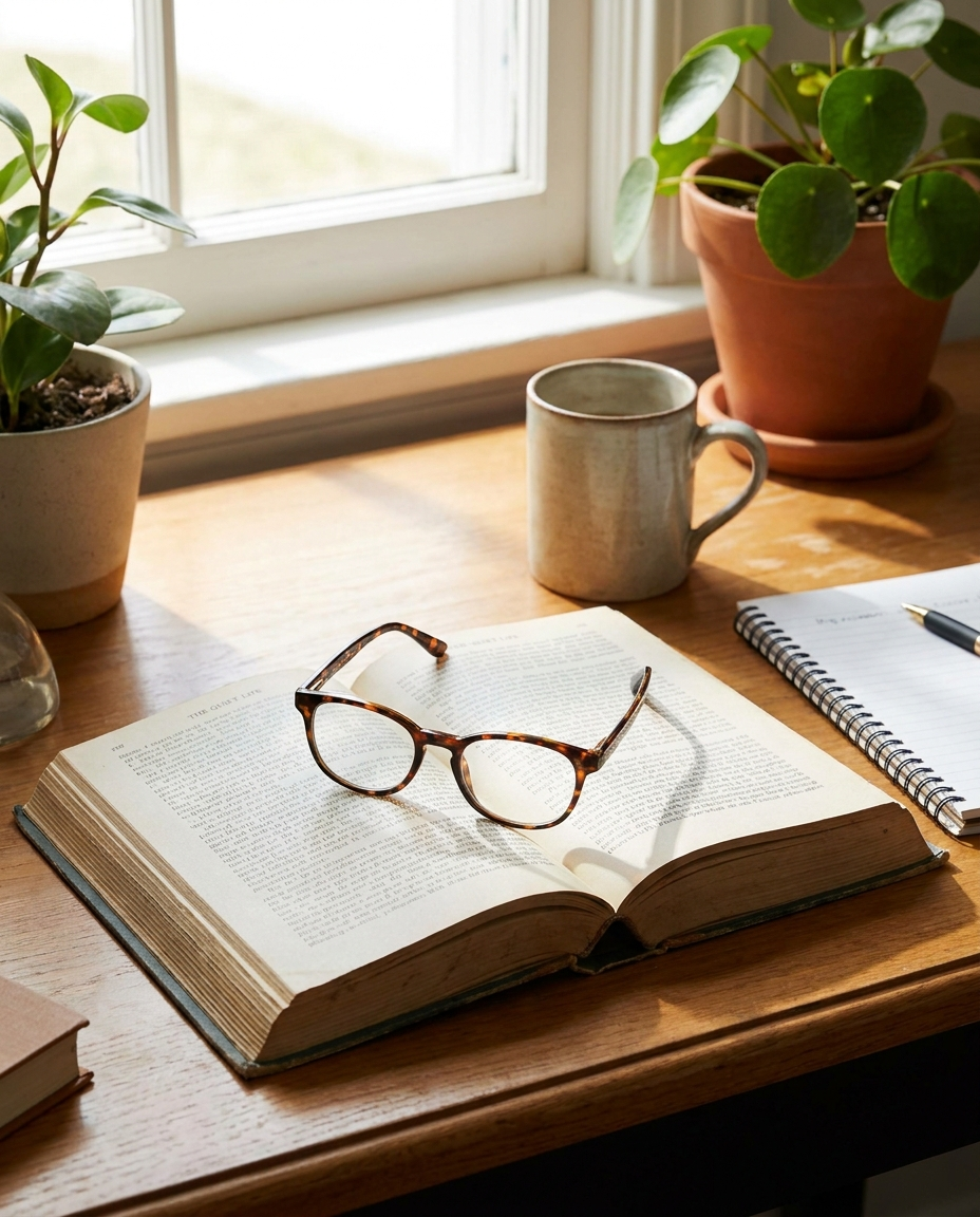 Progressive multifunction reading glasses on an open book at a desk