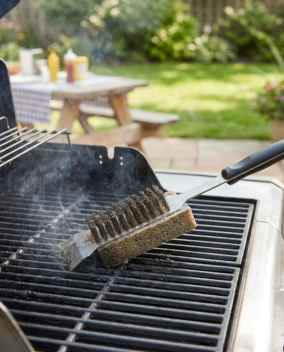 3-in-1 grill brush with scraper and sponge cleaning a hot grill