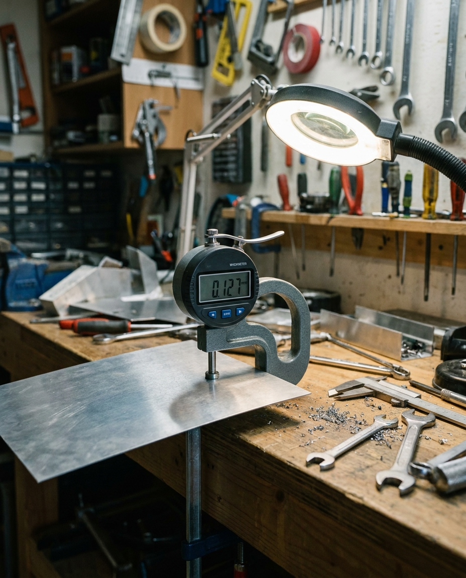 Thickness gauge measuring a metal sheet on a workbench
