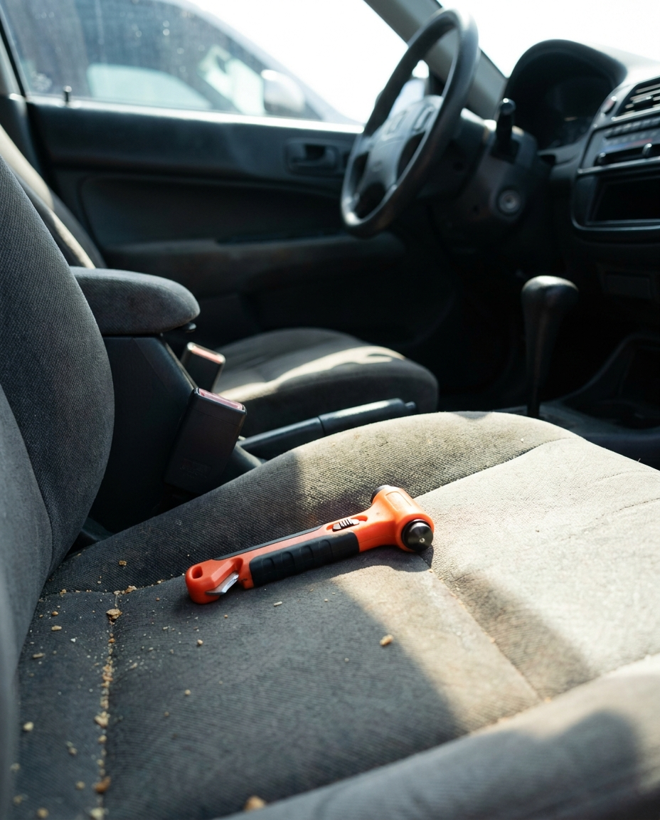 Car escape tool resting on a car seat near the seatbelt buckle