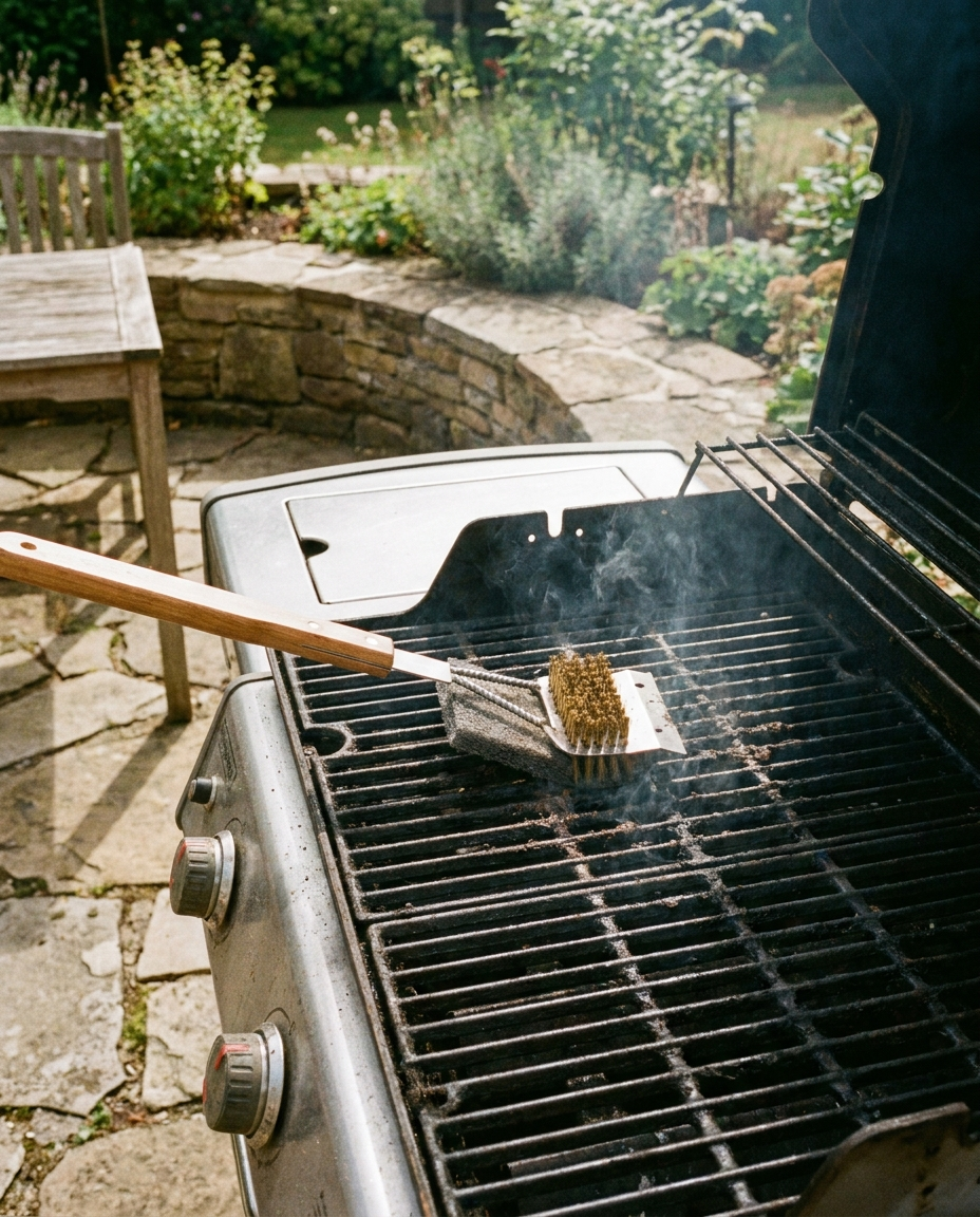 3-in-1 grill brush with brass bristles cleaning a barbecue grate