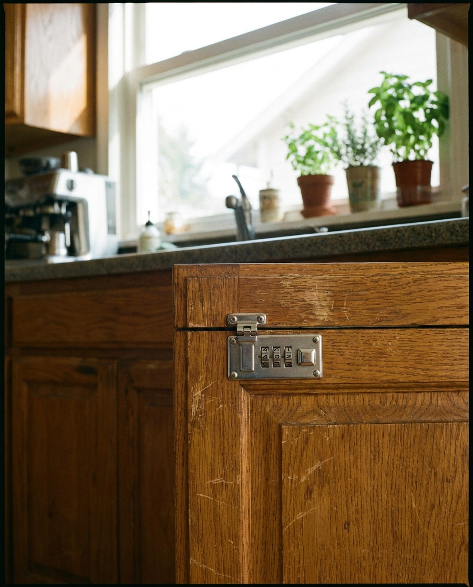 Secure cabinet lock installed on a kitchen cabinet door