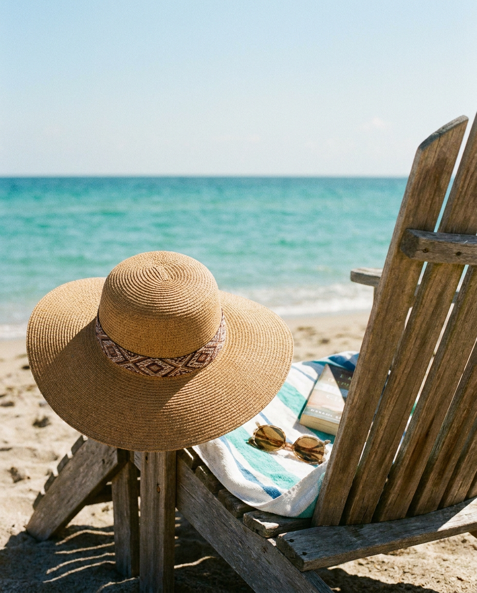 Wide brim summer hat resting on a beach chair by the ocean
