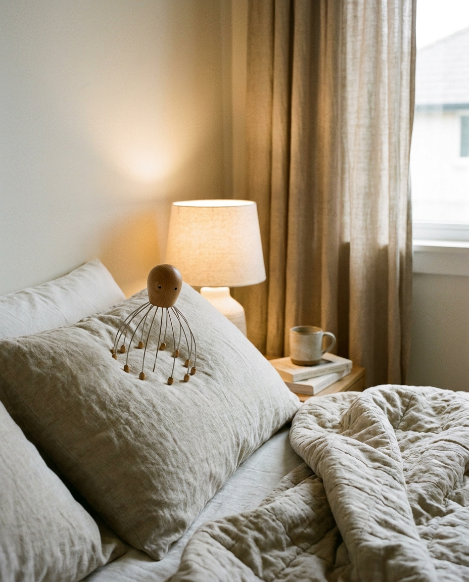 Octopus head massager resting on a pillow in a calm bedroom