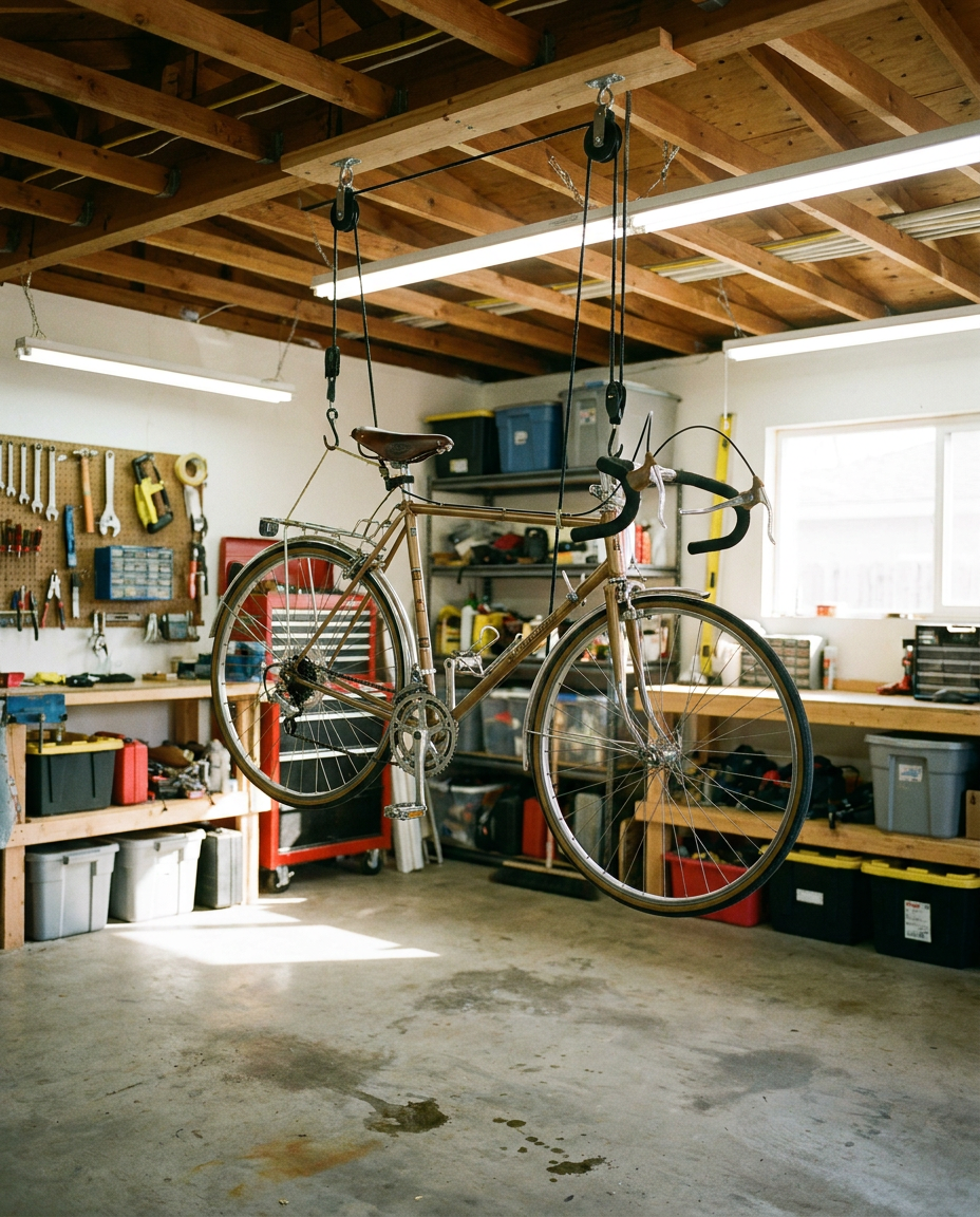 Bicycle stored via ceiling mounted bike hoist in a garage