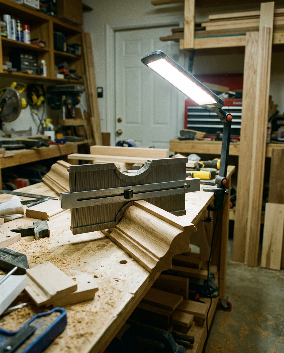 Contour gauge tracing a wood molding profile on a workbench