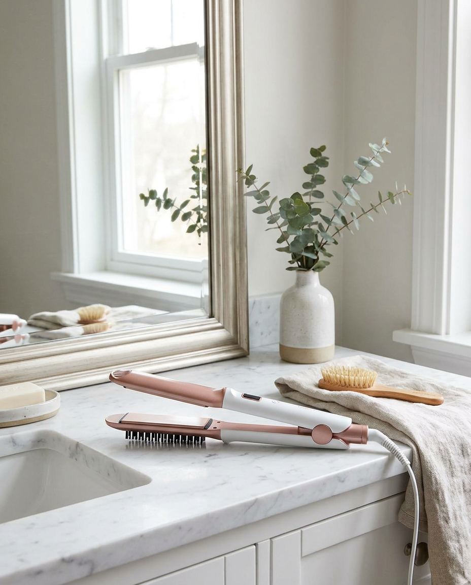 2-in-1 hair styler on a bathroom vanity counter