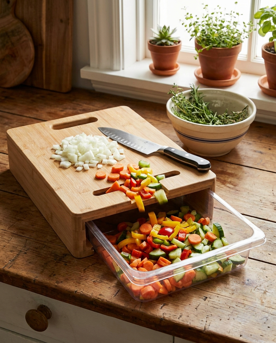 2-in-1 cutting board with container tray in use during meal prep