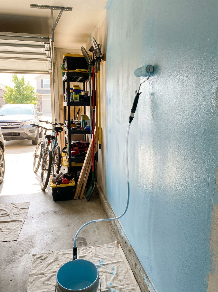 Self-priming paint brush roller painting a wall