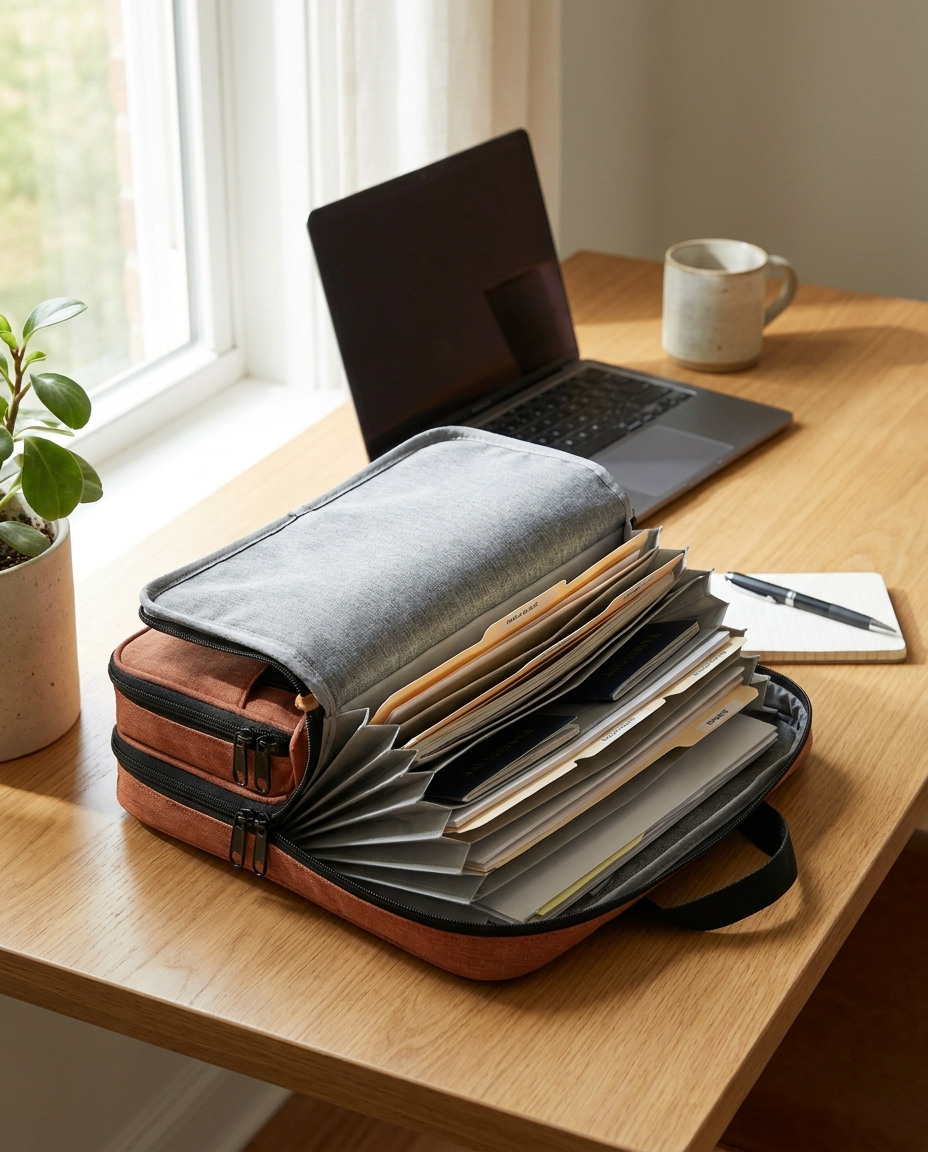 Document organizer safety bag open on a home office desk
