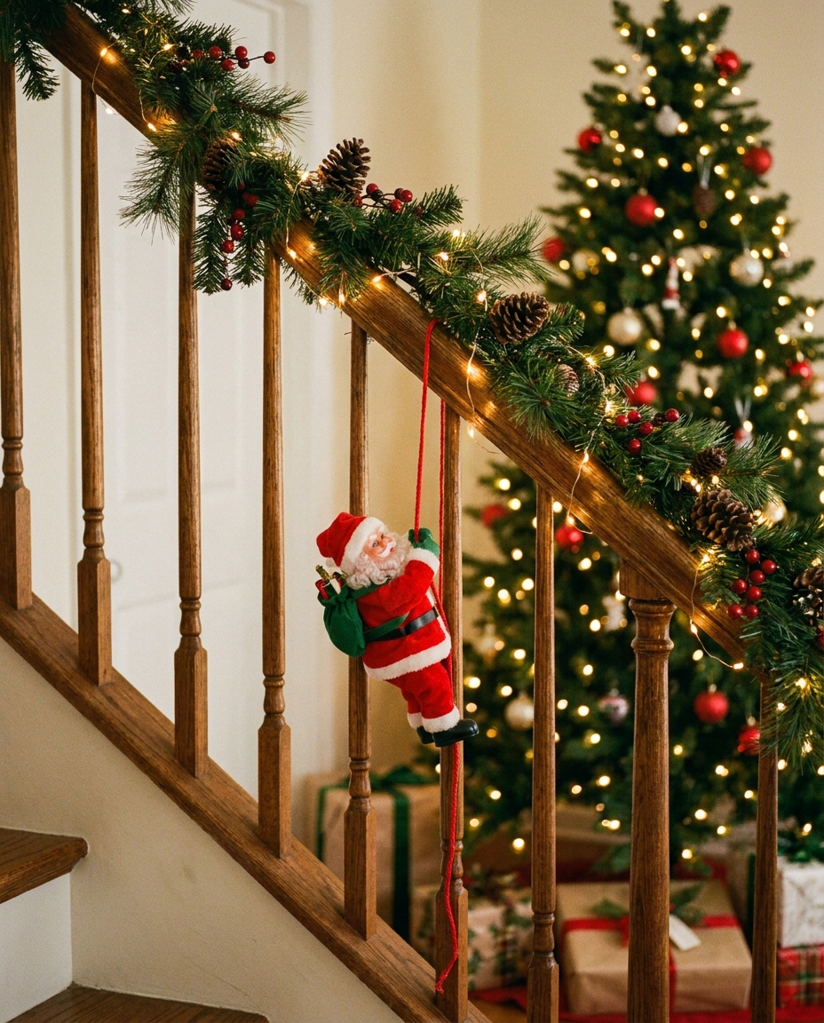 Climbing Santa holiday display toy on a staircase railing