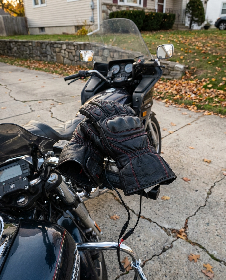 Heated motorcycle gloves resting on parked motorcycle handlebars