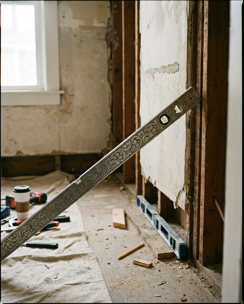 Stainless steel measuring tape measuring a wall
