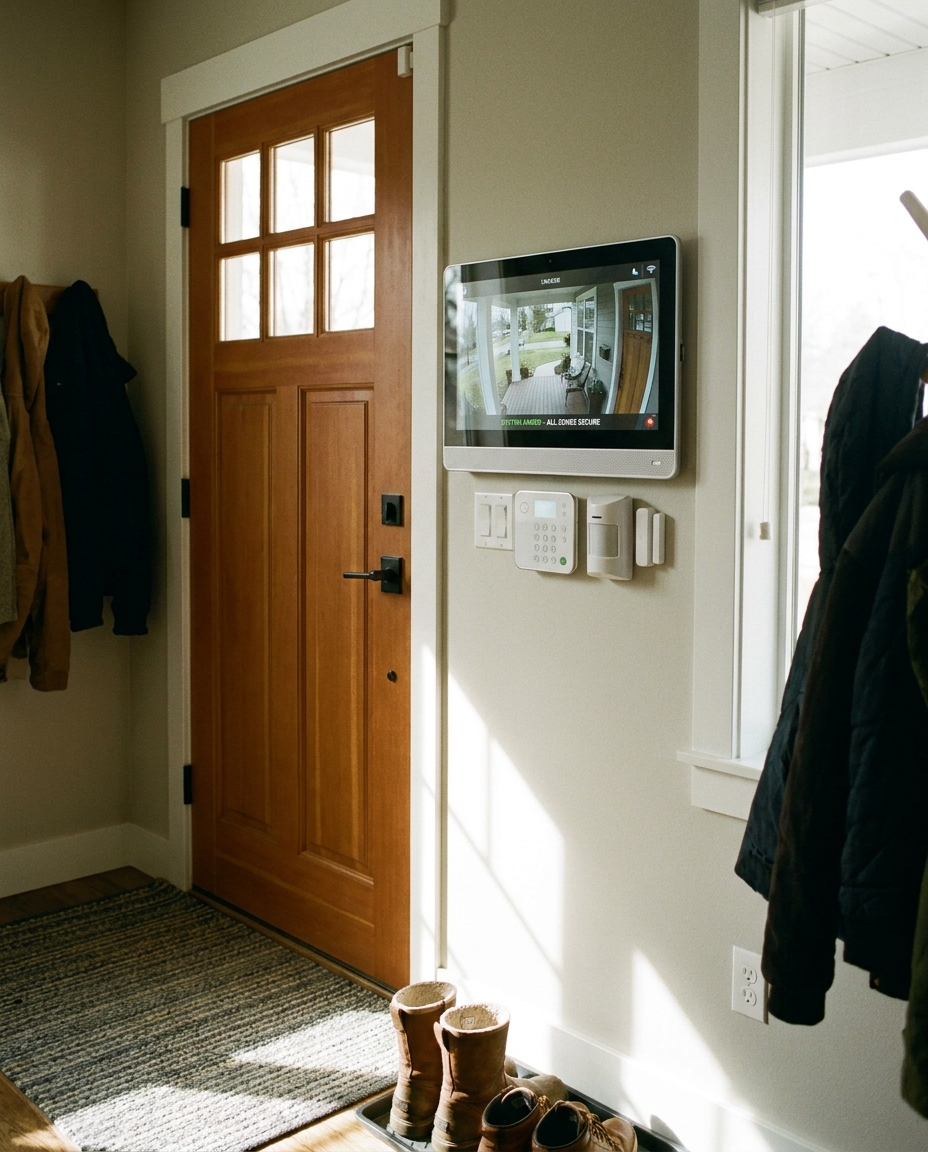 Wireless security system with LCD display mounted near entryway