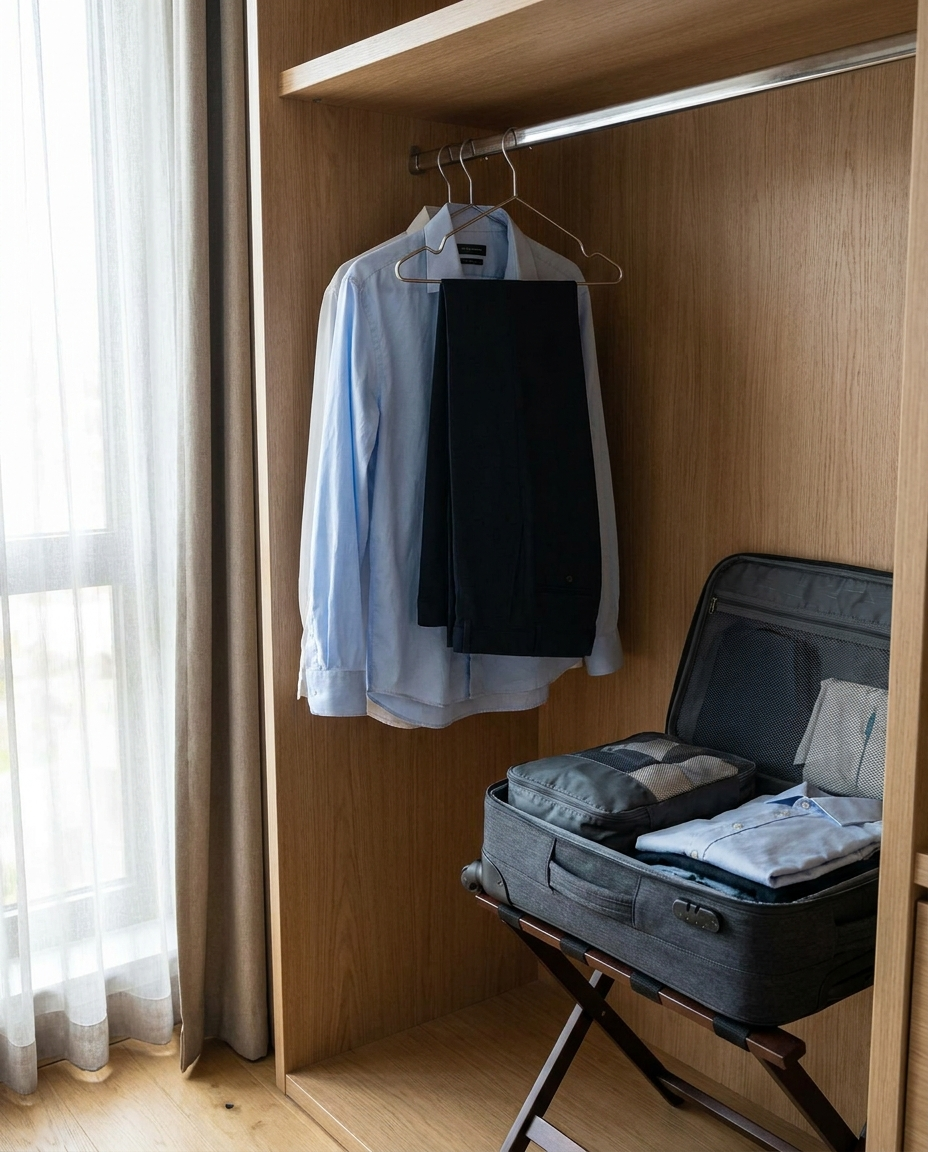 Foldable travel clothes hanger in a hotel closet