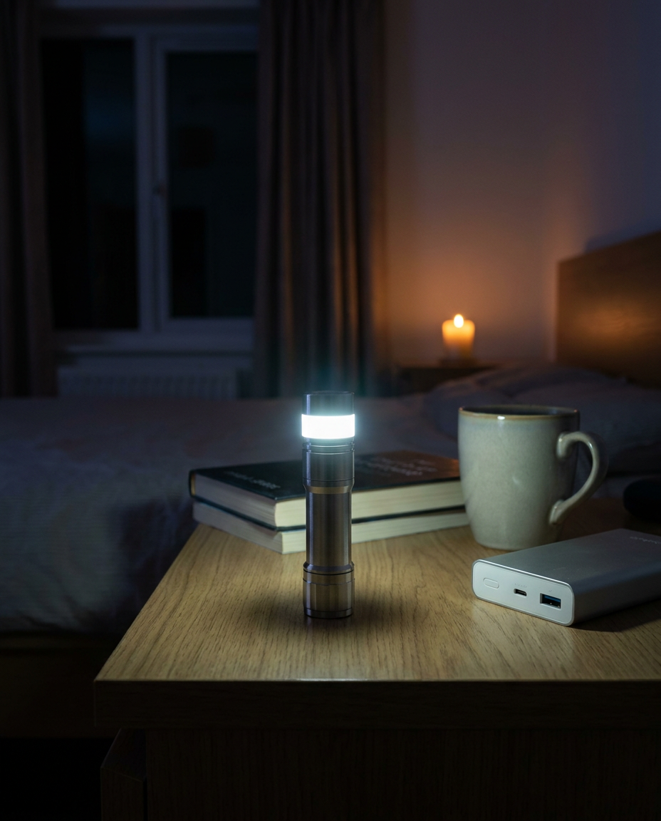 Compact rechargeable LED flashlight on a nightstand during a power outage