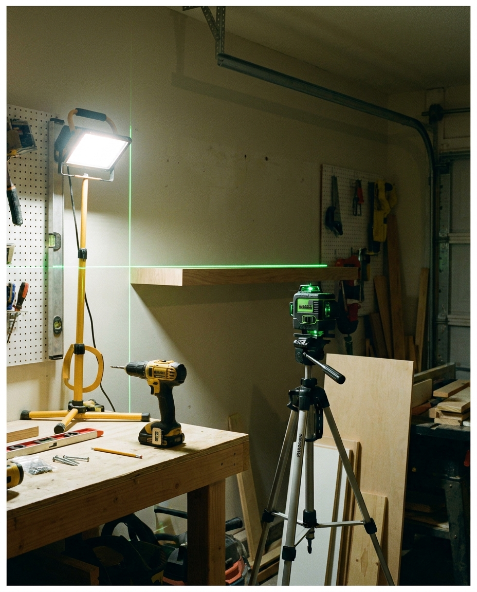 Precision laser level projecting a line in a garage workshop