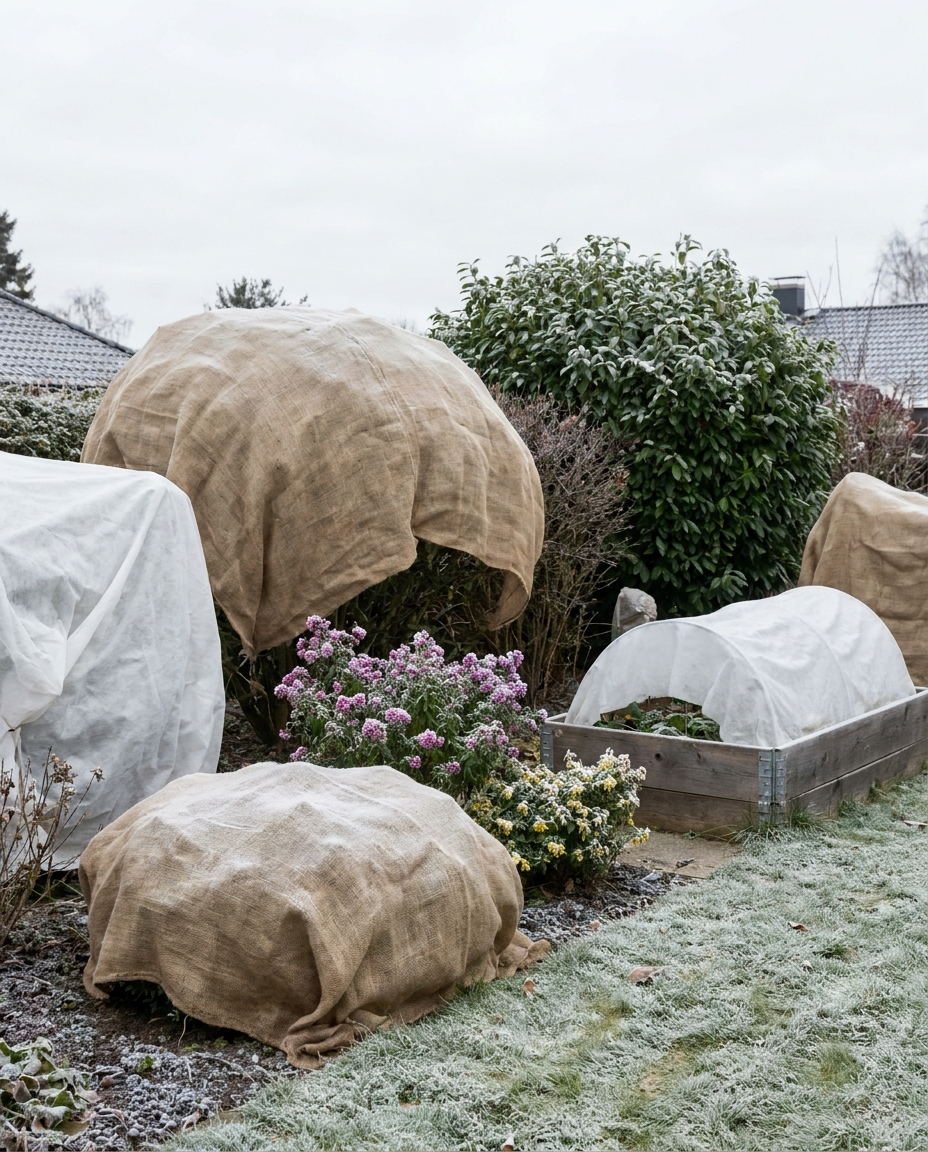 Freeze protection plant covers over garden plants in winter