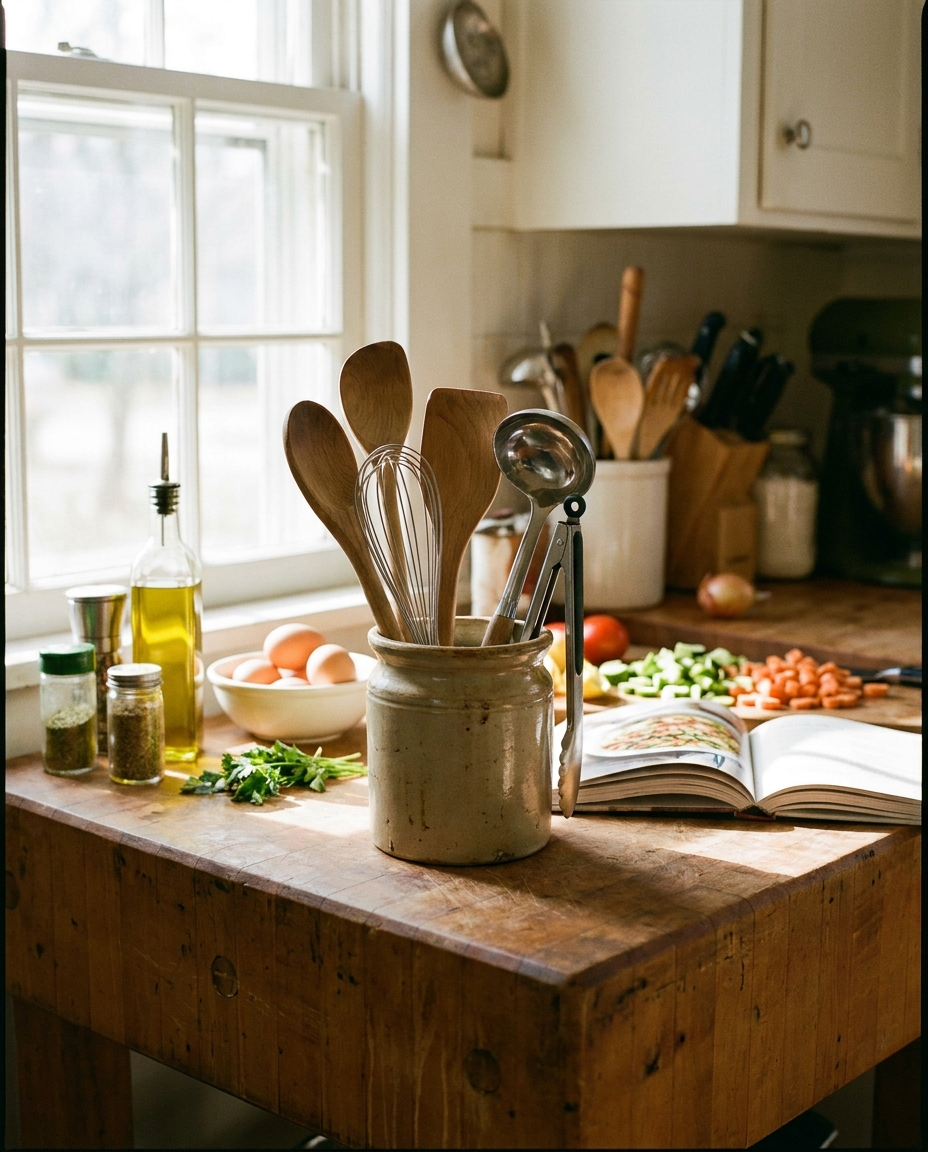 5-piece kitchen utensil set in a crock on a kitchen counter