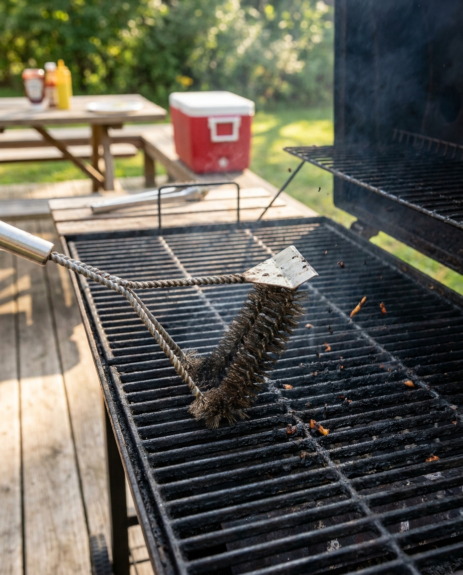 V-shaped barbecue grill brush cleaning a hot grill grate