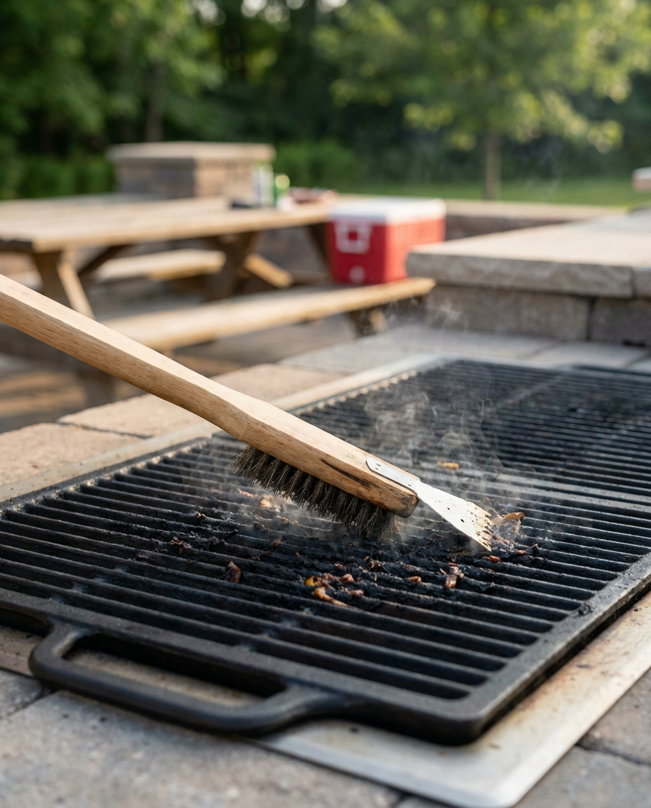 Long handle barbecue grill brush cleaning a hot grill grate