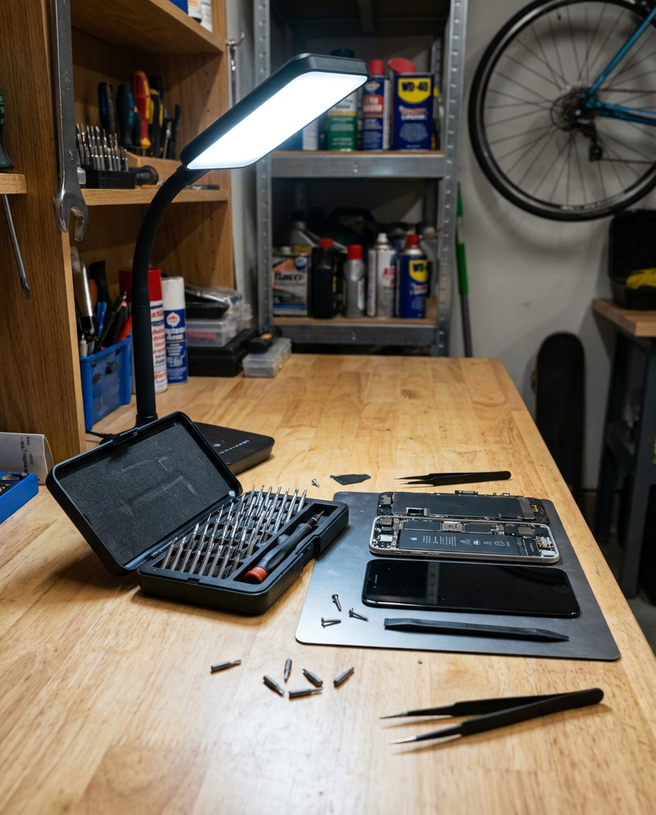 Portable precision screwdriver set on a workbench