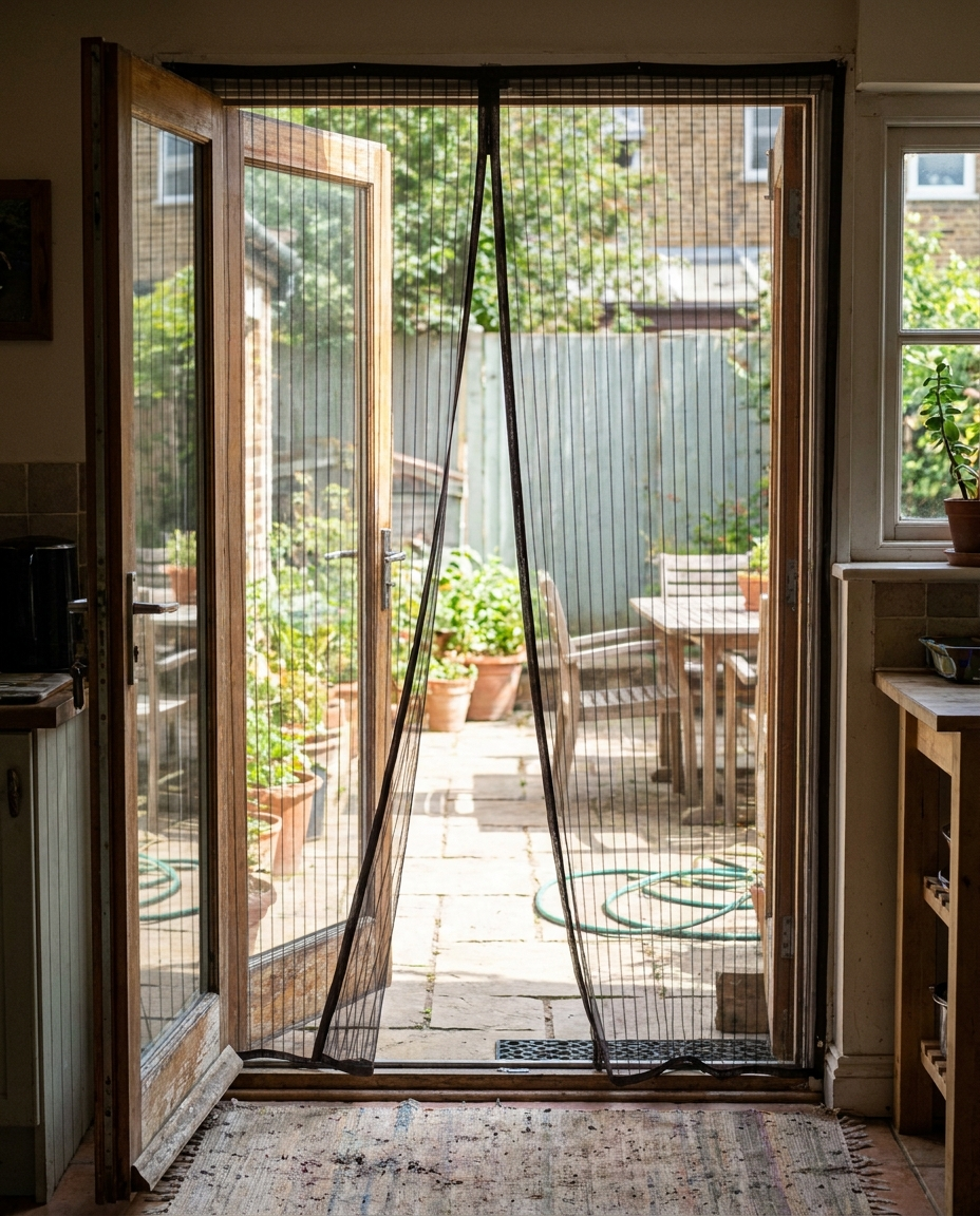 Magnetic mosquito net installed over an open back door