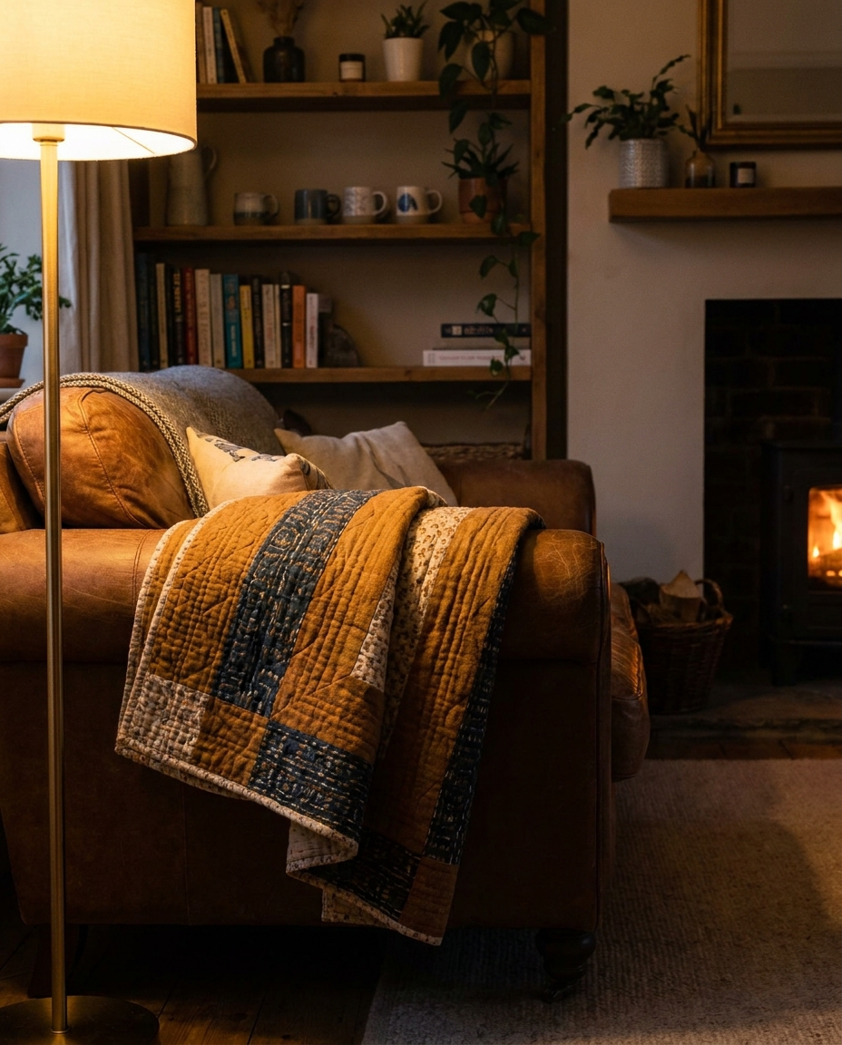 Multi-season blanket draped over a couch