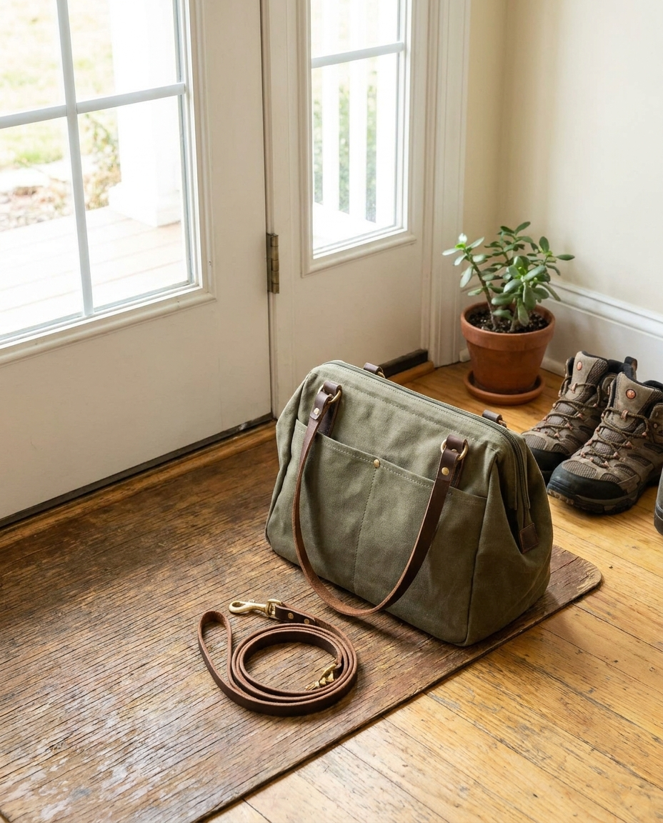 Cat carrier pouch by the front door ready for travel