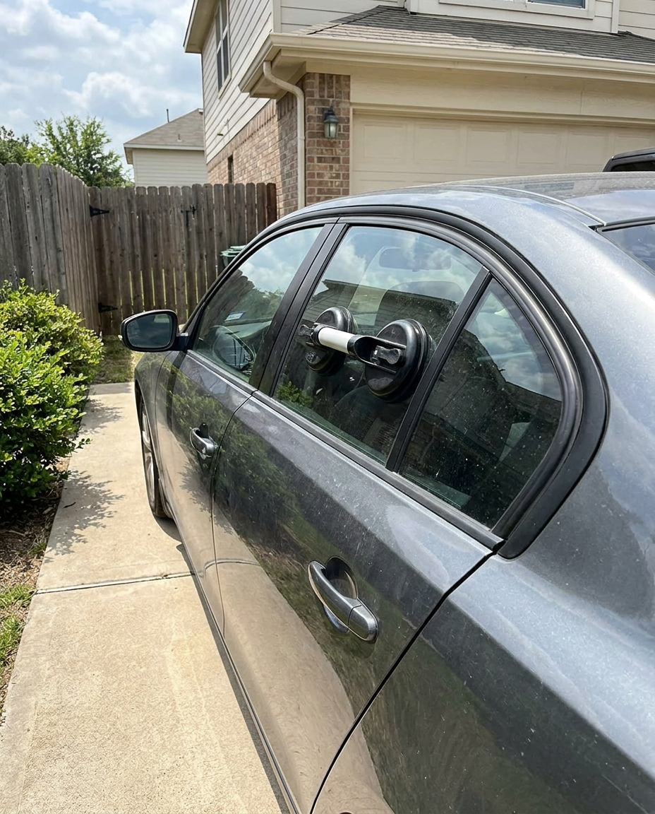 Dual suction dent pulling cup attached to a car window