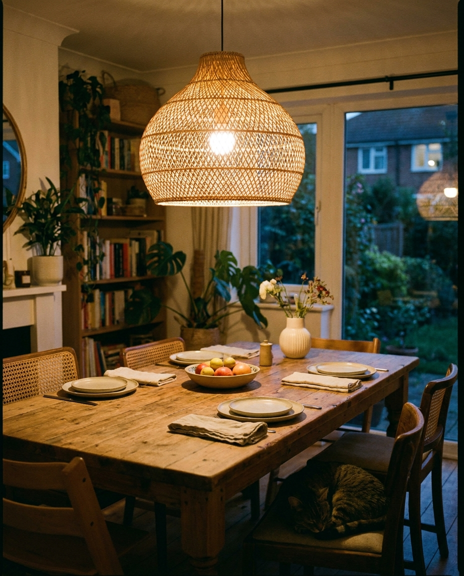 Hanging pendant light over a dining table in the evening