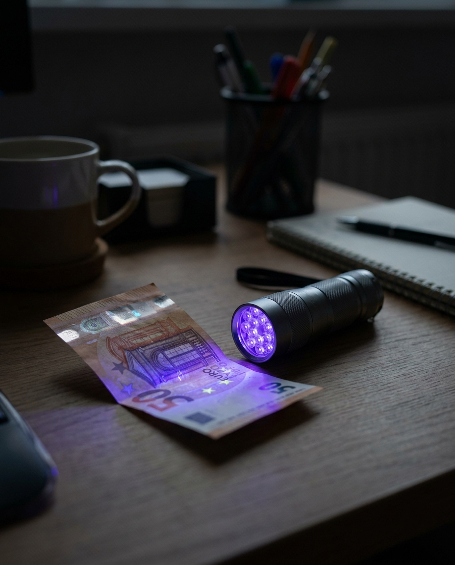 Pocket UV lamp shining on a banknote at a desk