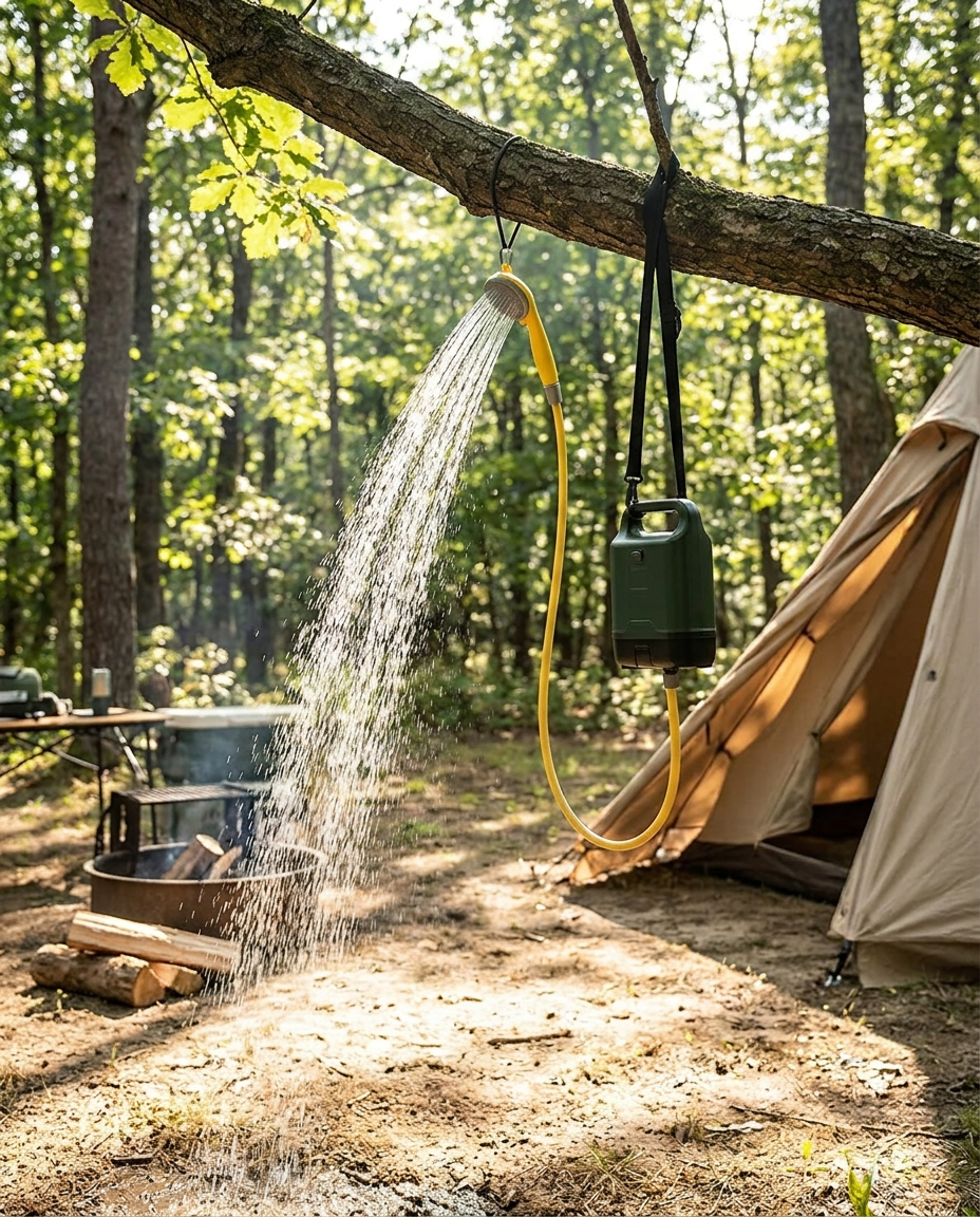Electric portable shower hanging at an outdoor campsite