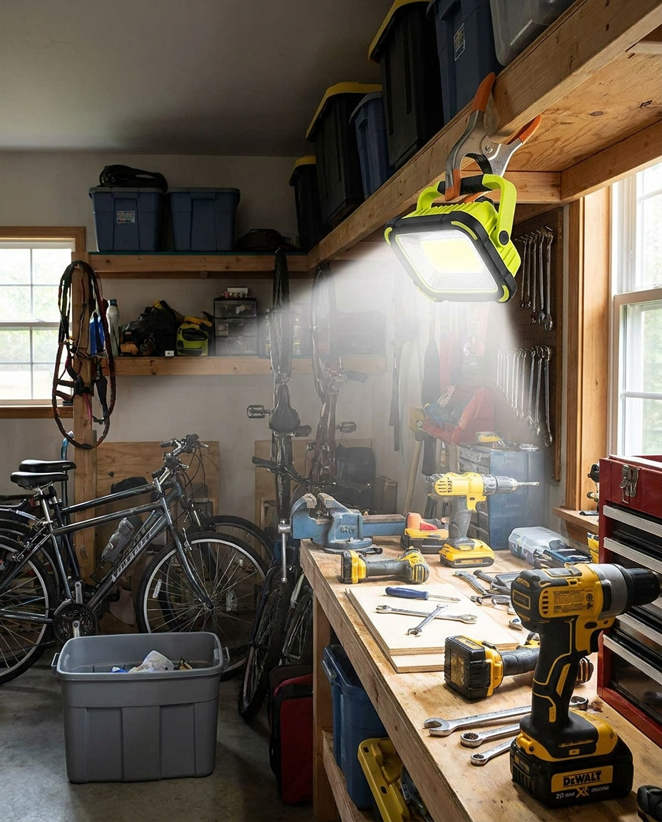 Rechargeable COB LED work light in a garage workshop
