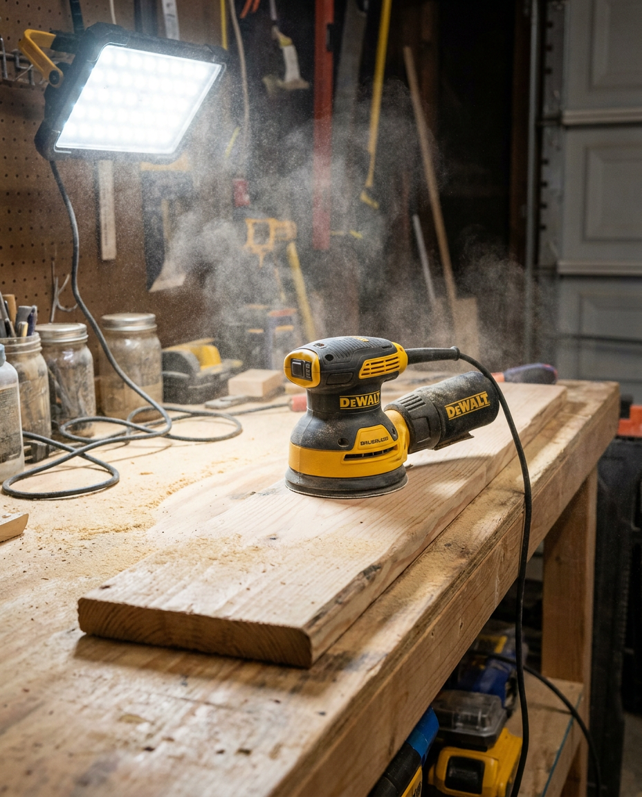 Brushless orbital electric sander sanding a wooden plank