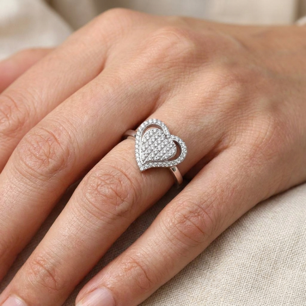 Silver Heart Pavé Ring
