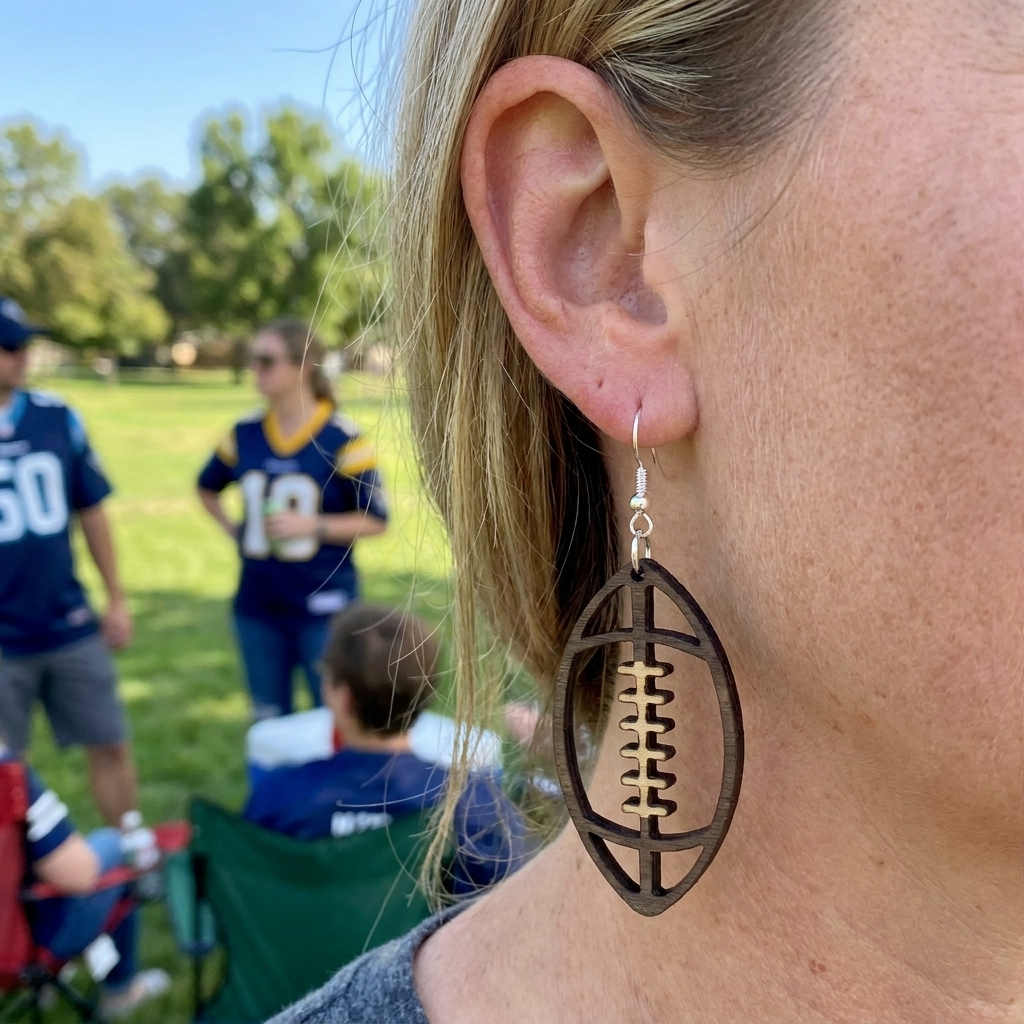 Wood Football Dangle Earrings